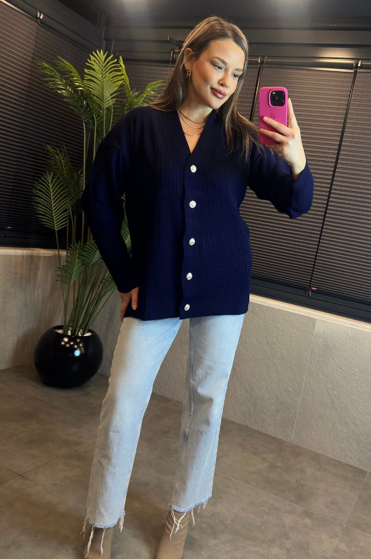 Lacivert Fitilli Oversize Basic Örme Hırka