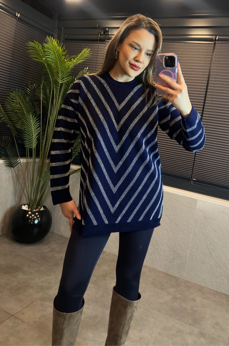 Lacivert Simli Bisiklet Yaka Oversize Uzun Kazak