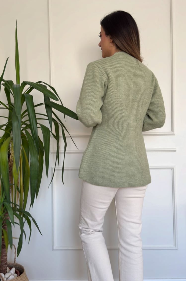 Mint Yeşili Belden Oturmalı Düğmeli Yumoş Hırka