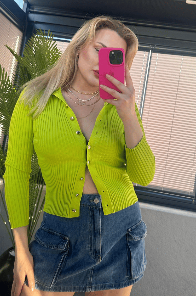 Neon Yeşil Fitilli Likralı İnce Triko