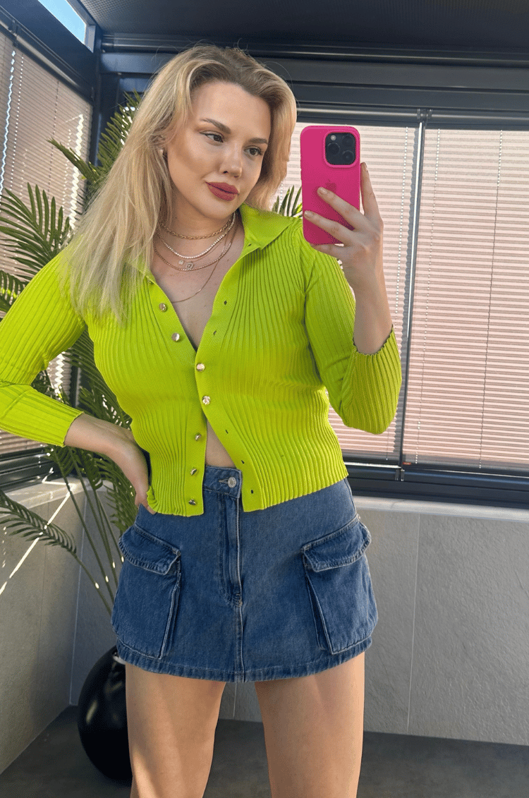 Neon Yeşil Fitilli Likralı İnce Triko