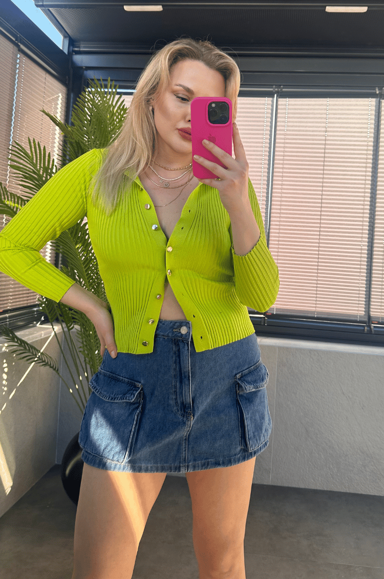 Neon Yeşil Fitilli Likralı İnce Triko