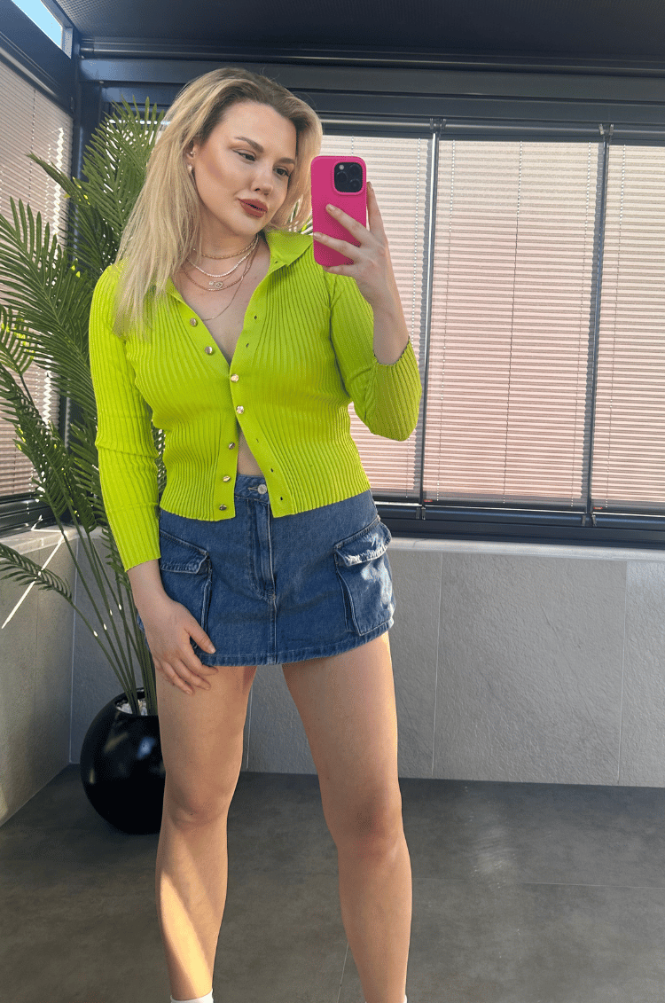 Neon Yeşil Fitilli Likralı İnce Triko