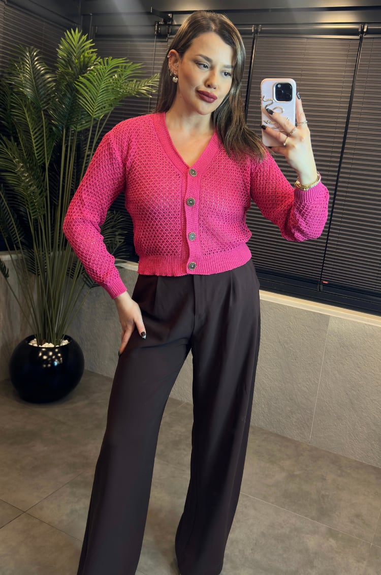 Pembe Mevsimlik Delikli Örgü Hırka