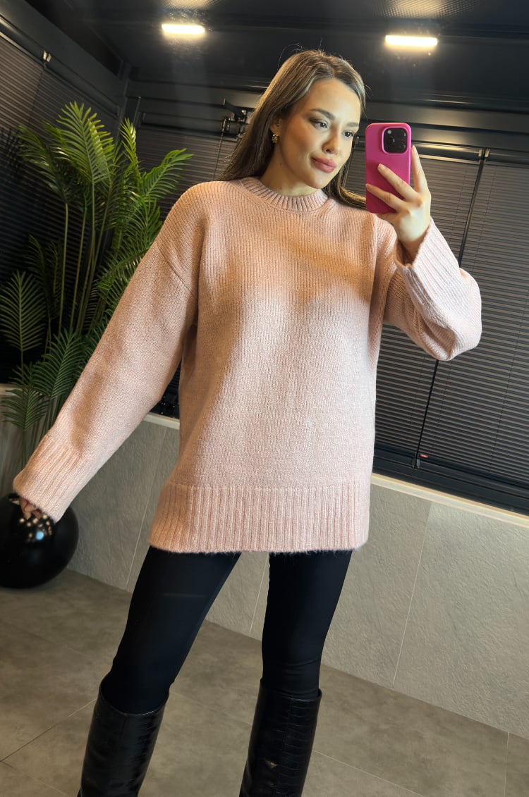 Pembe Oversize Bisiklet Yaka Yumoş Uzun Kazak