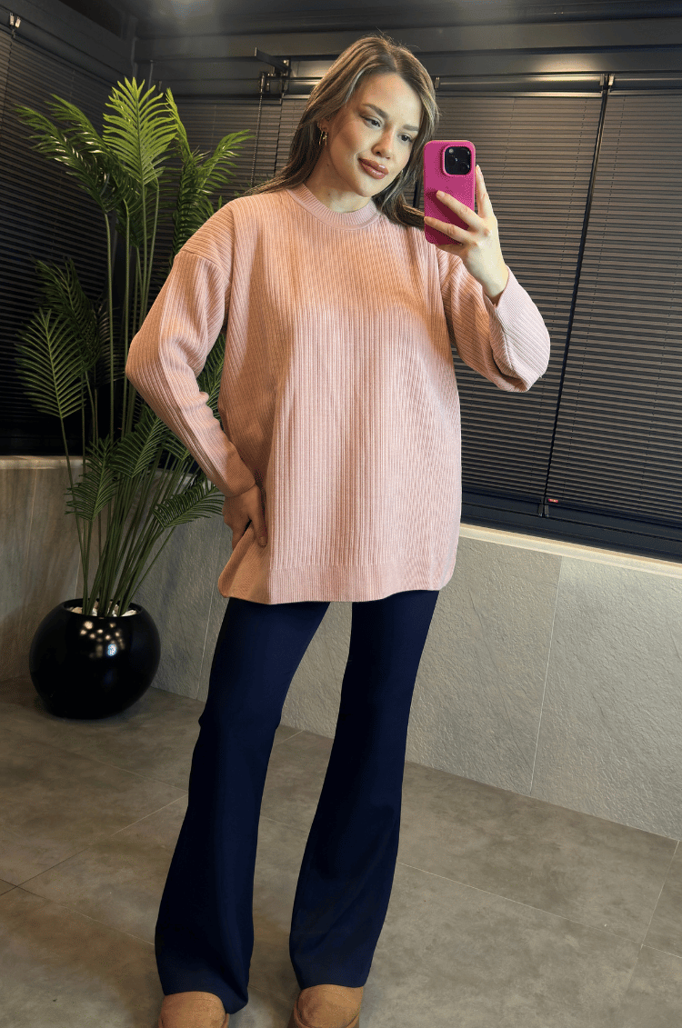Pembe Yarı Boğazlı Fitilli Oversize Kazak 