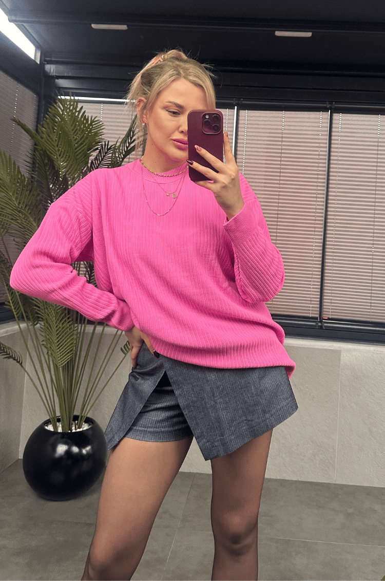 Açık Pembe Yarı Boğazlı Fitilli Oversize Kazak