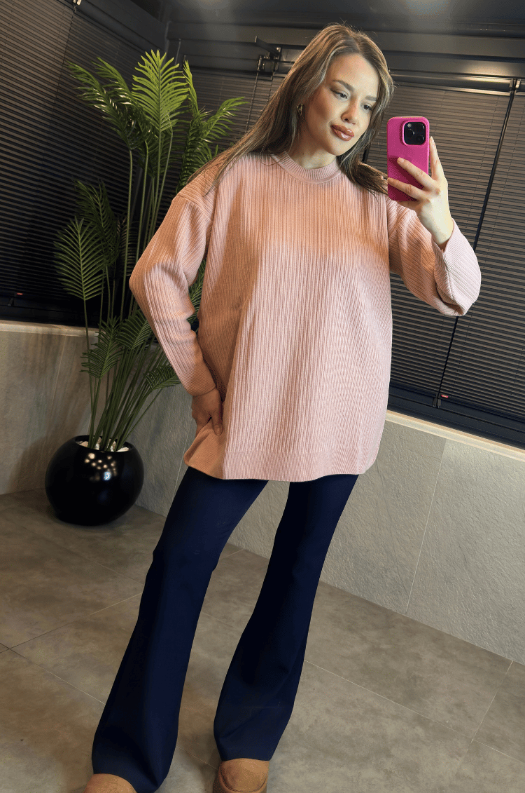 Pembe Yarı Boğazlı Fitilli Oversize Kazak 