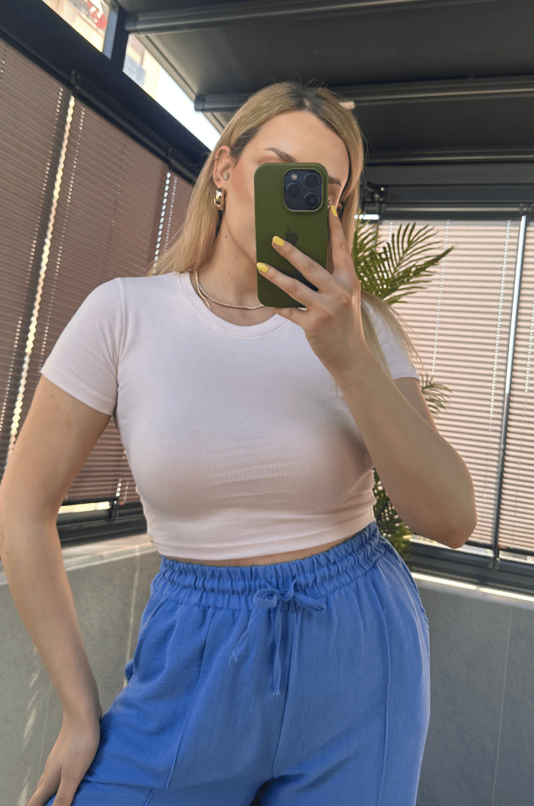 Pudra Pembe Yarım Kollu Slim Basic Crop