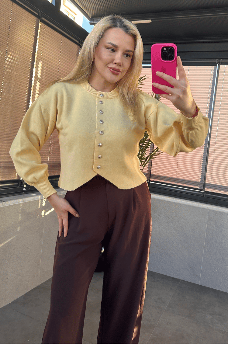 Sarı Fit Kesim Crop Hırka