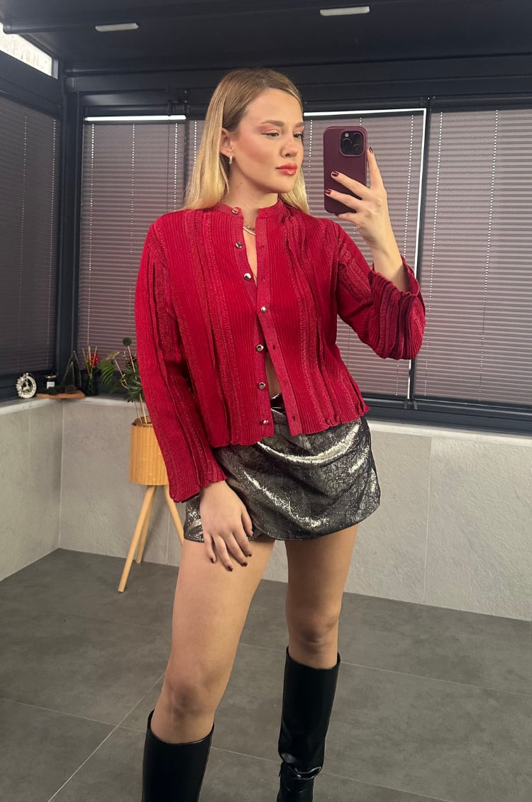 Simli İnce Dokuma Detaylı Kırmızı Triko Hırka