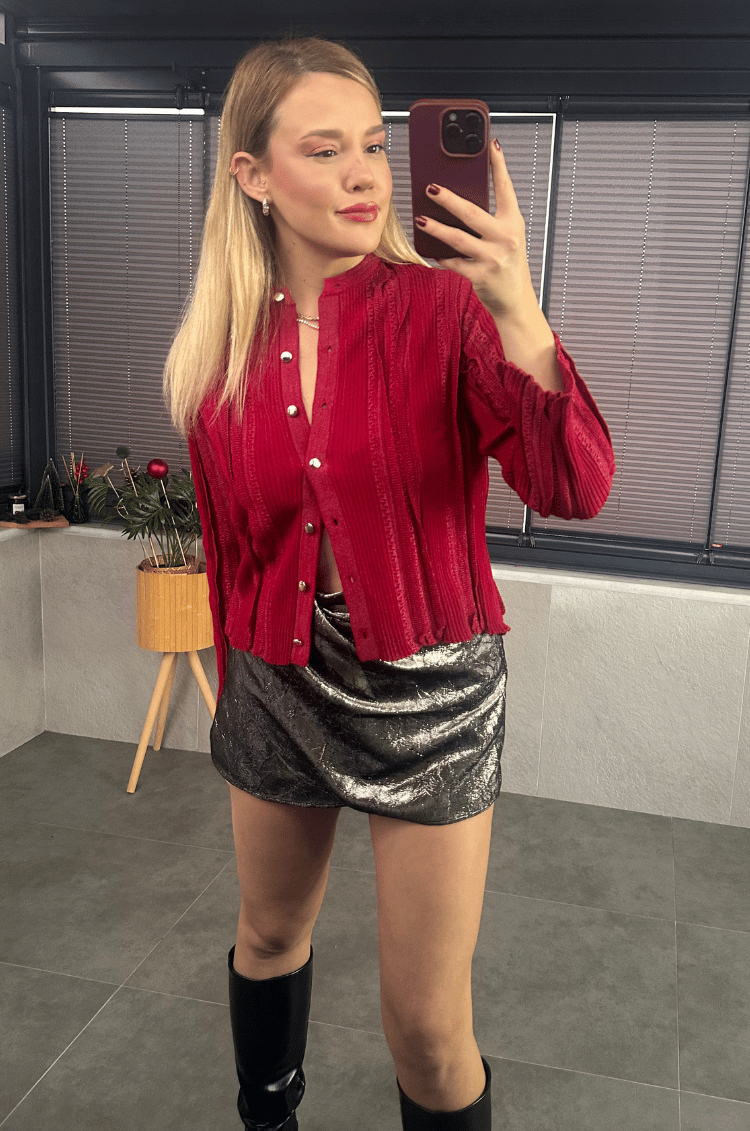 Simli İnce Dokuma Detaylı Kırmızı Triko Hırka