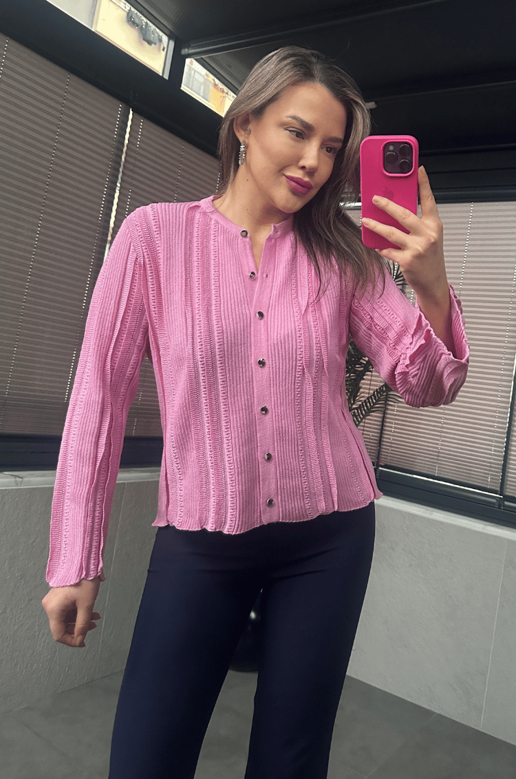 Simli İnce Dokuma Detaylı Koyu Pembe Triko Hırka