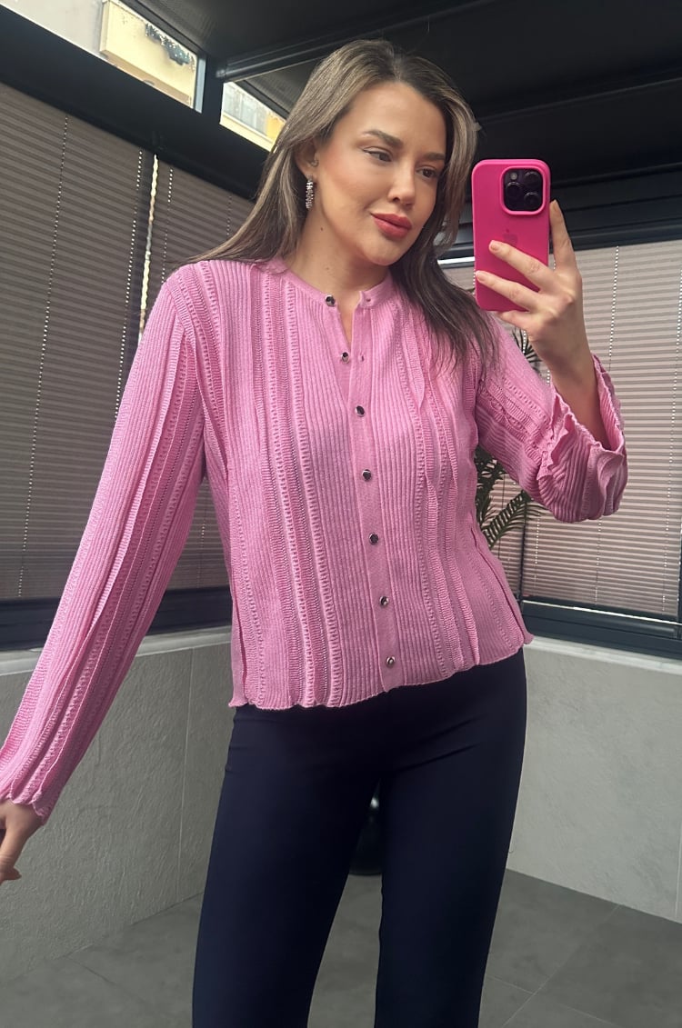 Simli İnce Dokuma Detaylı Koyu Pembe Triko Hırka