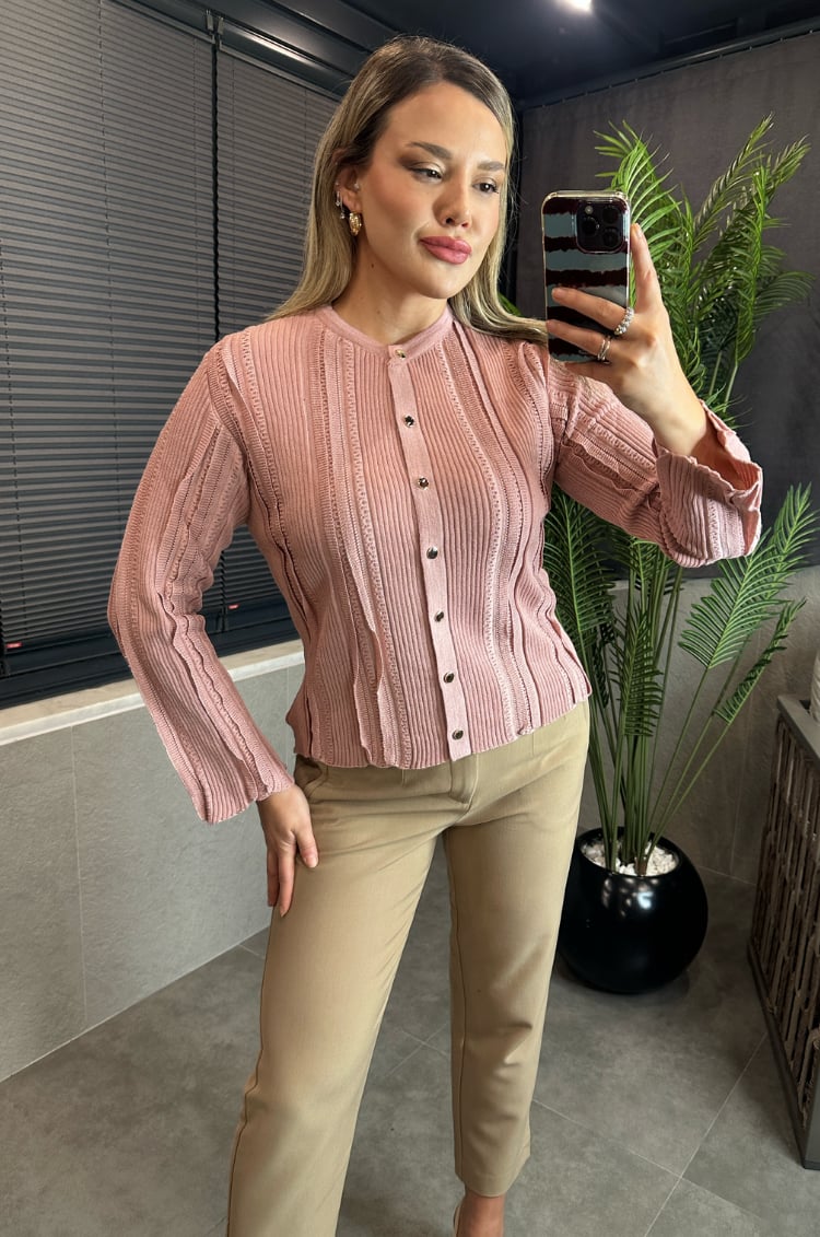 Simli İnce Dokuma Detaylı Pembe Triko Hırka