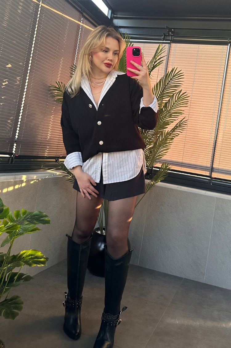 Siyah Fitilli Oversize Basic Örme Hırka