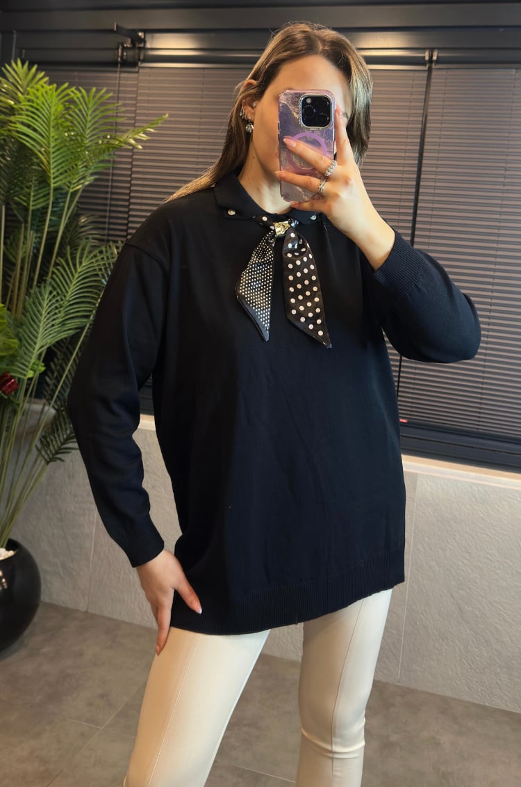 Siyah Fularlı Oversize Merserize Kazak