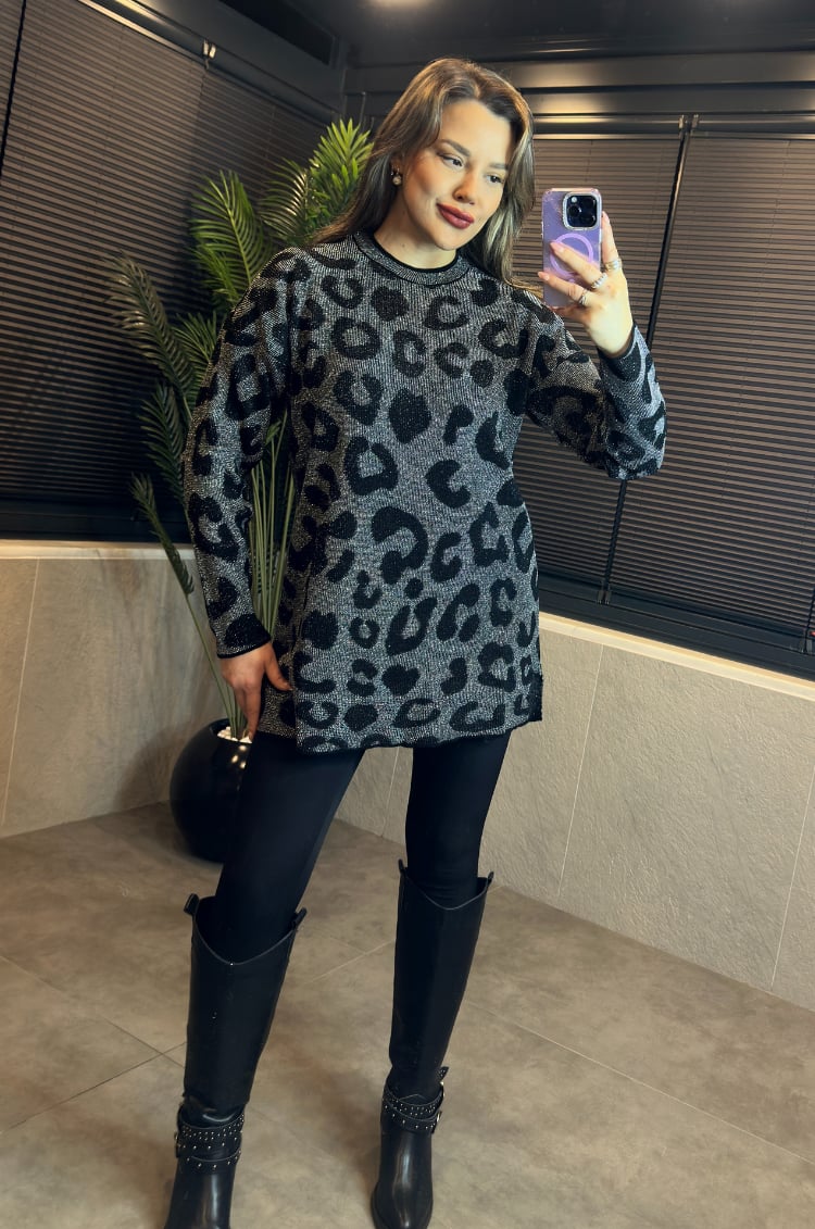 Siyah Leopar Desenli Simli Kazak