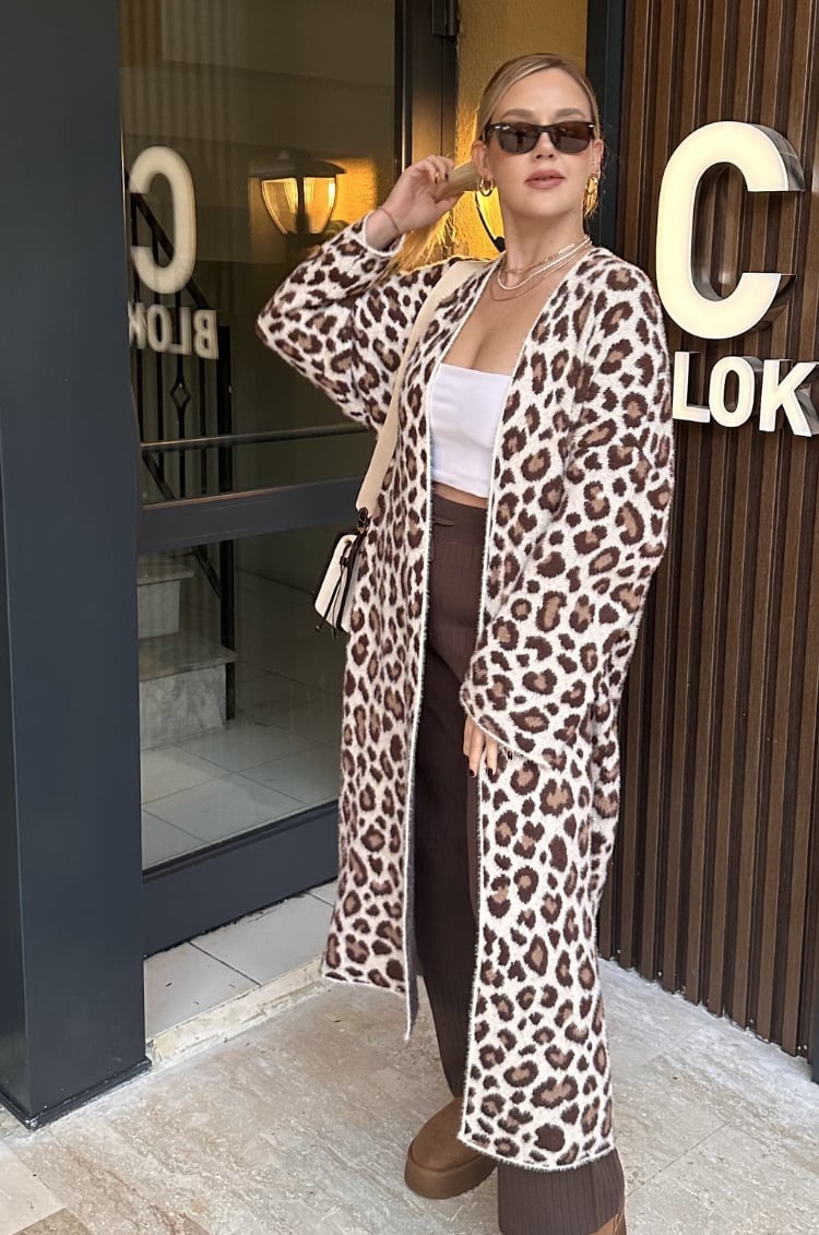 Winter Ekru Leopar Maxi Hırka