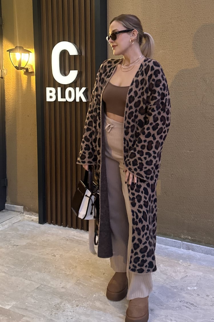 Winter Kahverengi  Leopar Maxi Hırka