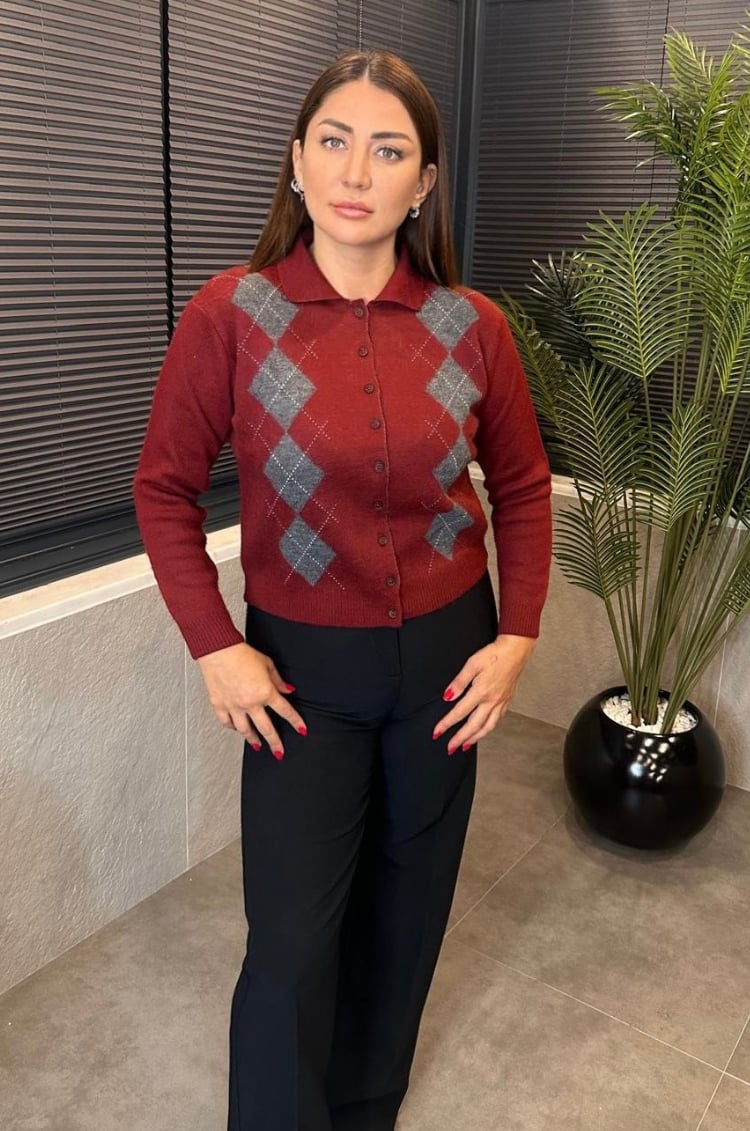 Yaka Detaylı Baklava Desenli Bordo Hırka