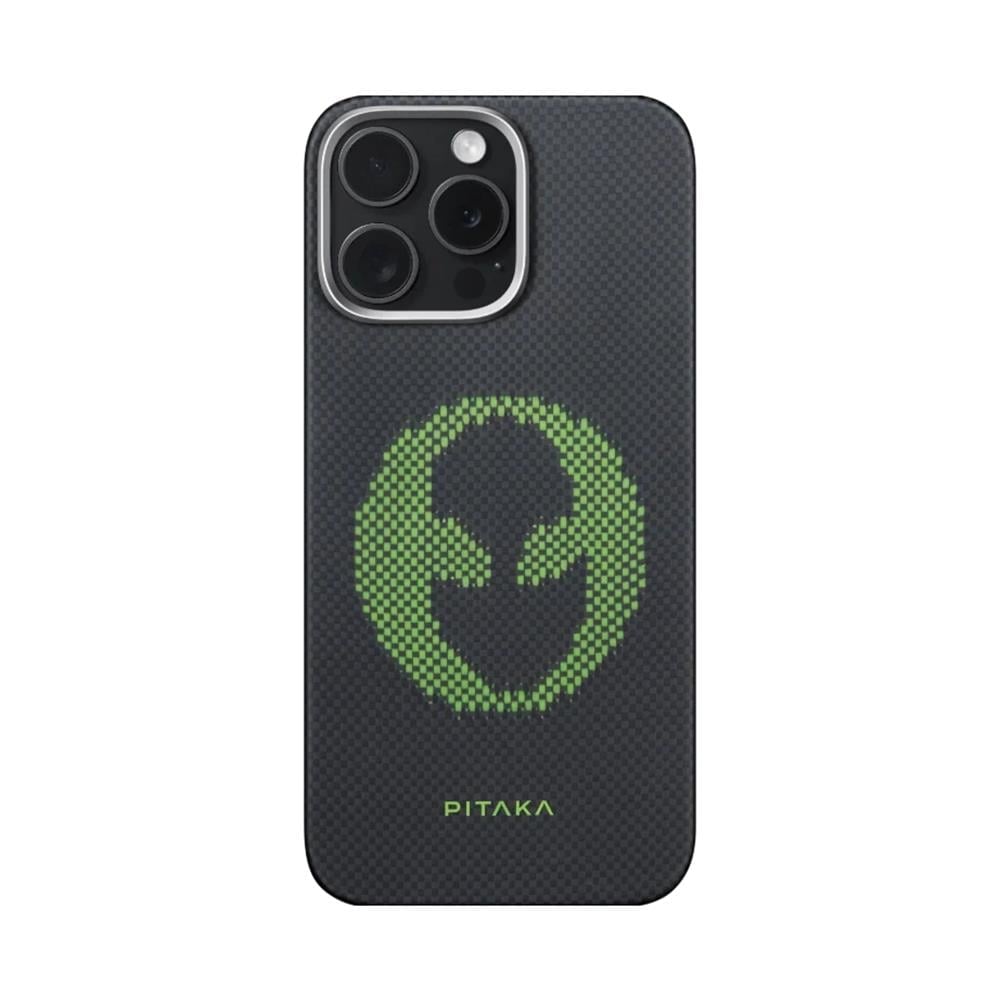 Apple iPhone 15 Pro Max Kılıf  M-safe Şarj Özellikli Lumintex Teknolojili Fosforlu Aramid Fiber Pitaka Tactile Woven Aries Serisi Kapak