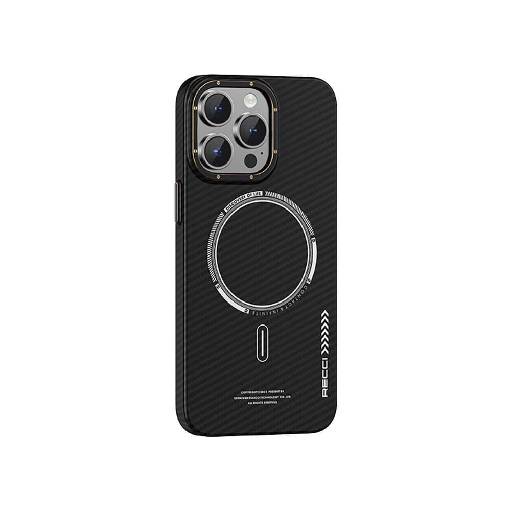 Apple iPhone 15 Pro Max Kılıf Recci Machinist Serisi M-safe Şarj Özellikli Magnetik Karbon Kapak