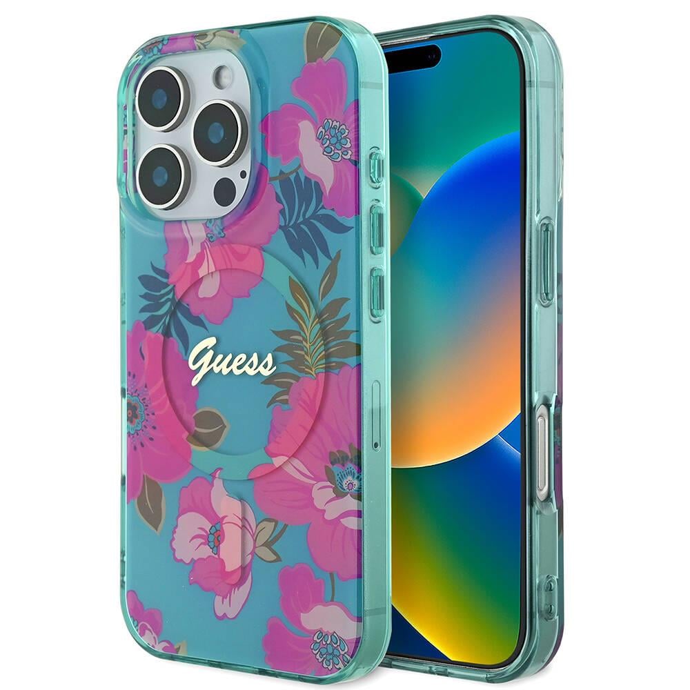 Apple iPhone 16 Pro Kılıf Guess Orjinal Lisanslı M-safe Şarj Özellikli Flower Tone On Tone Ring Kapak