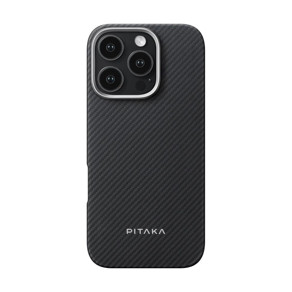 Apple iPhone 16 Pro Kılıf M-safe Şarj Özellikli 600D Aramid Fiber Pitaka Ultra-Slim Classic Serisi Black-Grey Twill Kapak