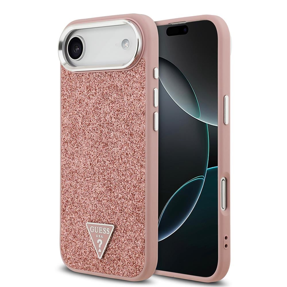 Apple iPhone 17 Air Kılıf Guess Orjinal Lisanslı M-safe Şarj Özellikli Metal Kamera Çerçeveli Üçgen Logolu Glitter Kapak