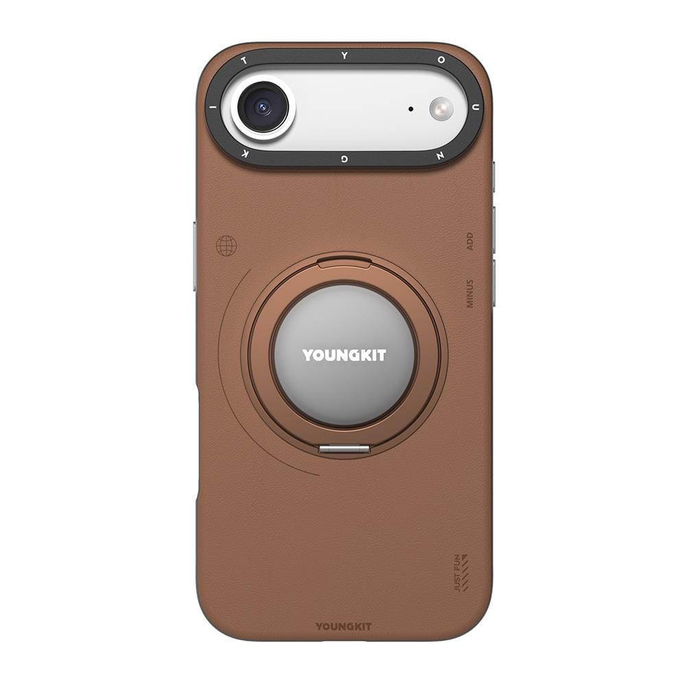 Apple iPhone 17 Air Kılıf M-safe Şarj Özellikli 360 Derece Standlı Basit Mat Deri Desenli Youngkit Tech Leather Serisi Kapak