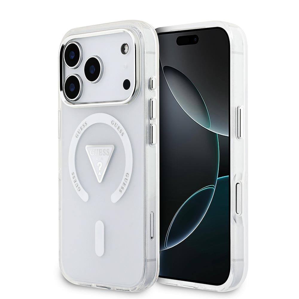Apple iPhone 17 Pro Kılıf Guess Orjinal Lisanslı M-safe Şarj Özellikli IML Baskılı Üçgen Logolu Metal Kamera Çerçeveli Kapak