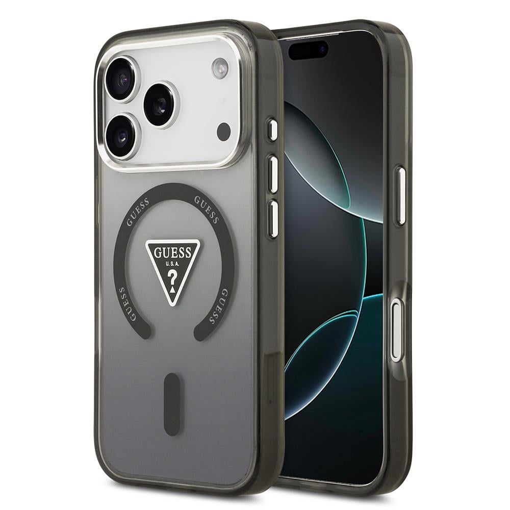 Apple iPhone 17 Pro Max Kılıf Guess Orjinal Lisanslı M-safe Şarj Özellikli IML Baskılı Üçgen Logolu Metal Kamera Çerçeveli Kapak
