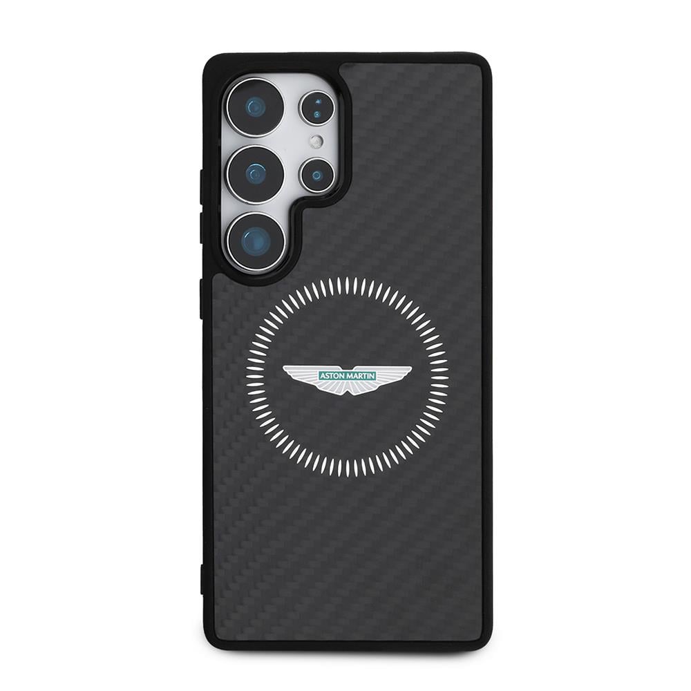 Galaxy S25 Ultra Kılıf Aston Martin Orjinal Lisanslı M-safe Şarj Özellikli Radyal Halka ve Karbon Fiber Tasarımlı Kapak