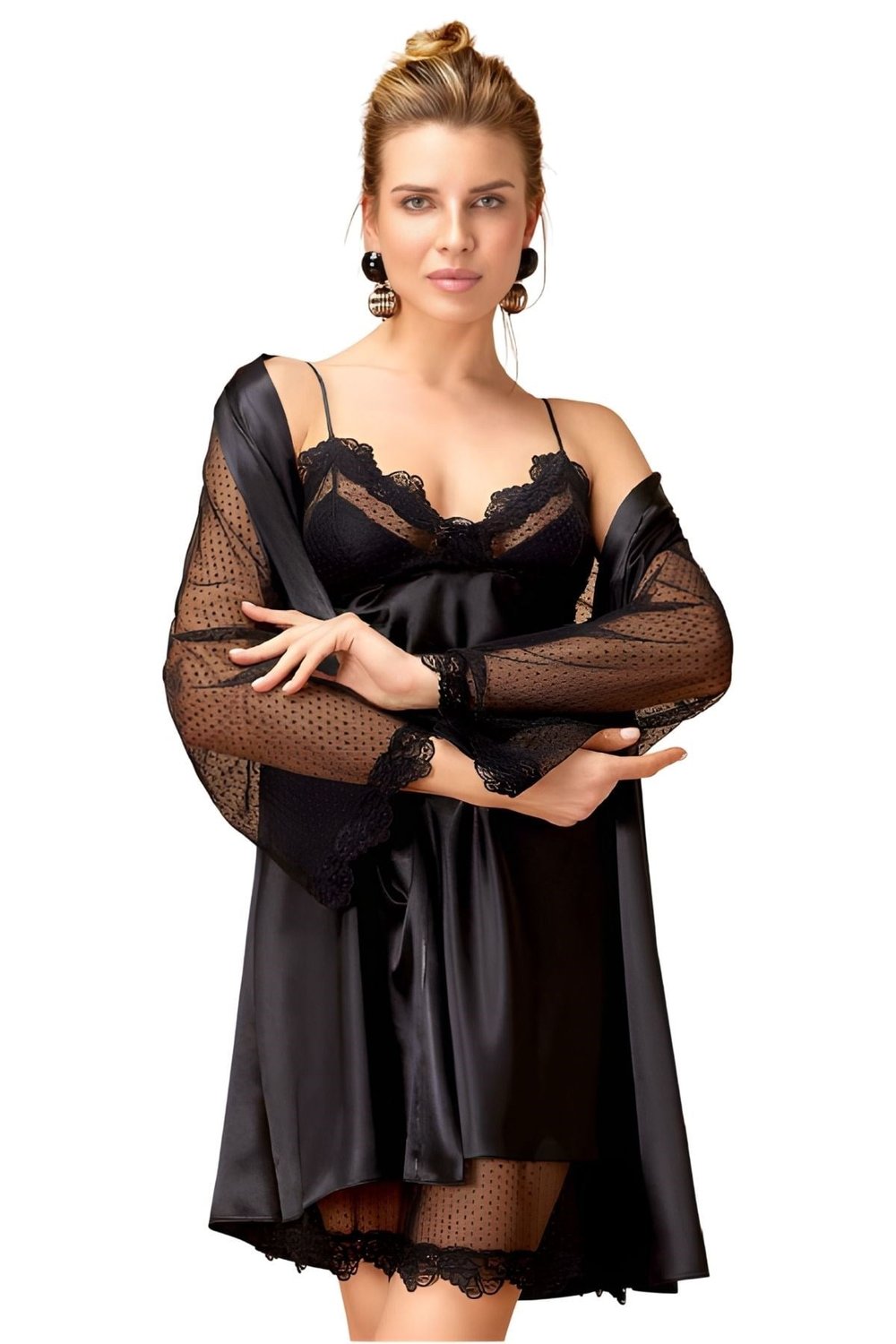 Dantel Detaylı Saten Gecelik ve Sabahlık Takımı Kimono Set