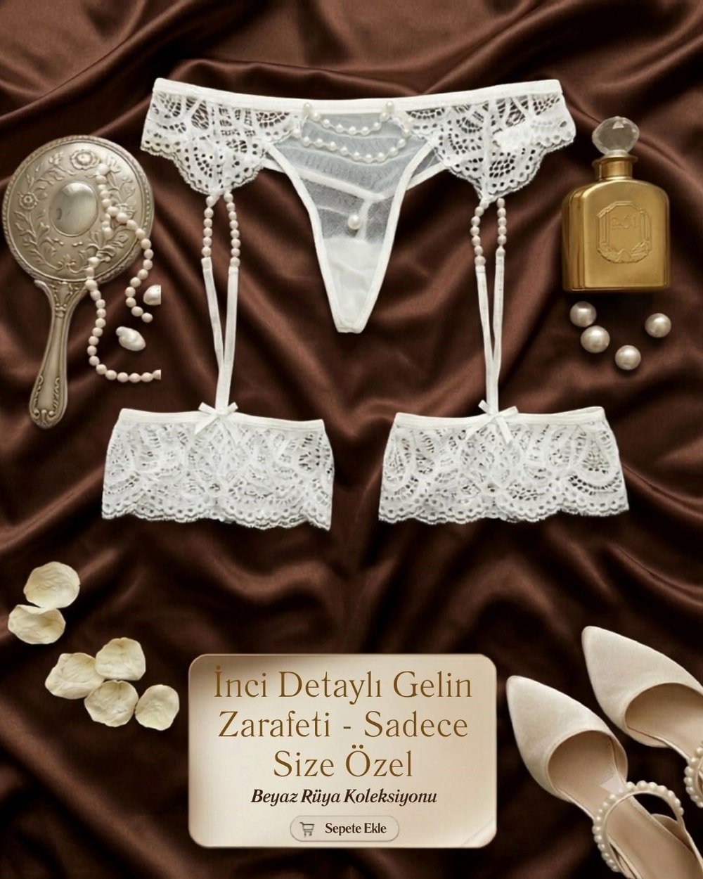  Fantazi İncili Dantelli Jartiyer Külot Ekru PT5684