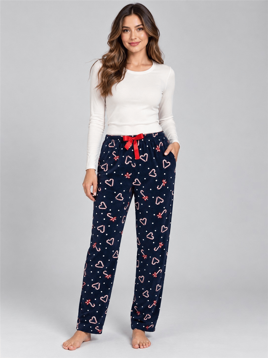 Kadın Lacivert Kalp Ve Fiyonk Desenli Cepli U Pijama Altı – MV02