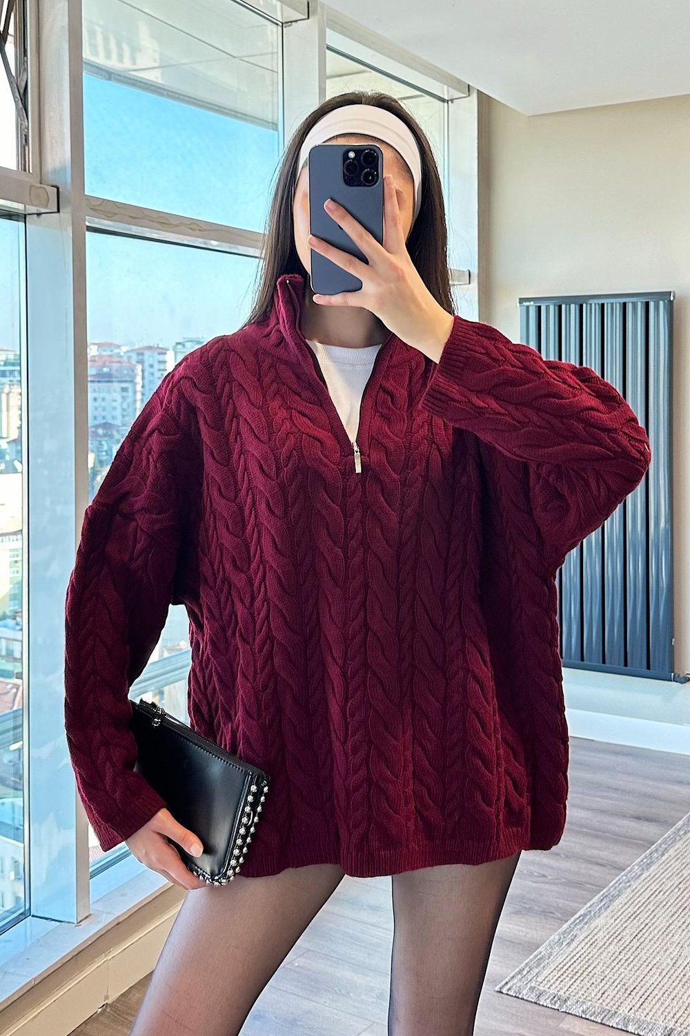 HAZE FERMUARLI ÖRGÜ KAZAK-Bordo 