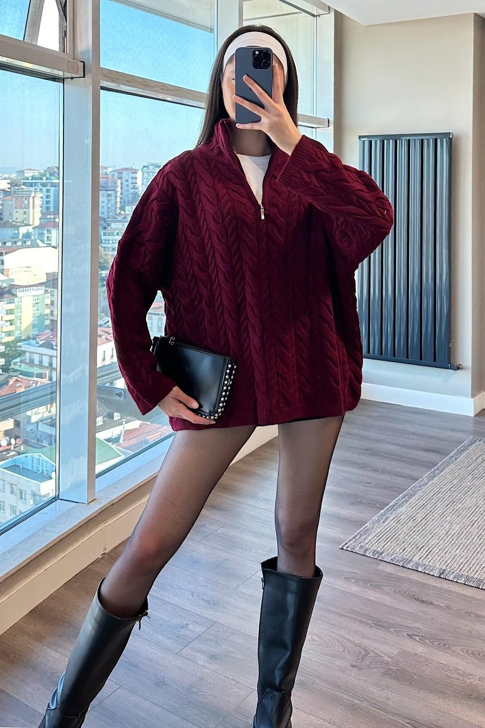 HAZE FERMUARLI ÖRGÜ KAZAK-Bordo 