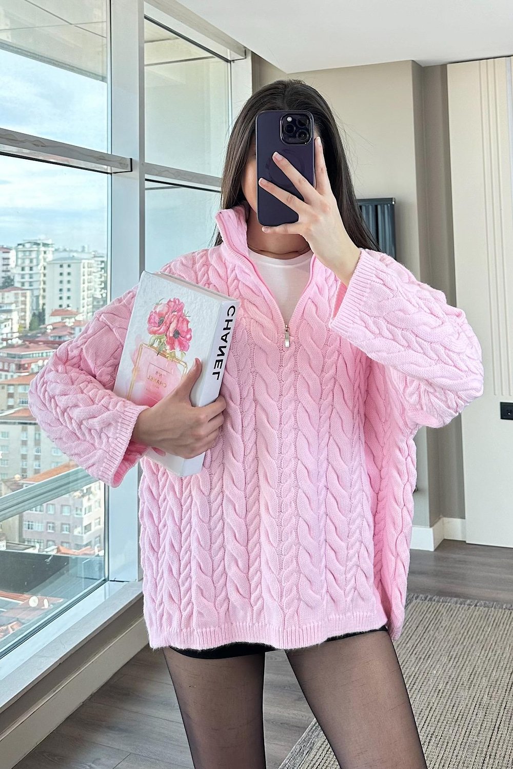 HAZE FERMUARLI ÖRGÜ KAZAK-Pembe
