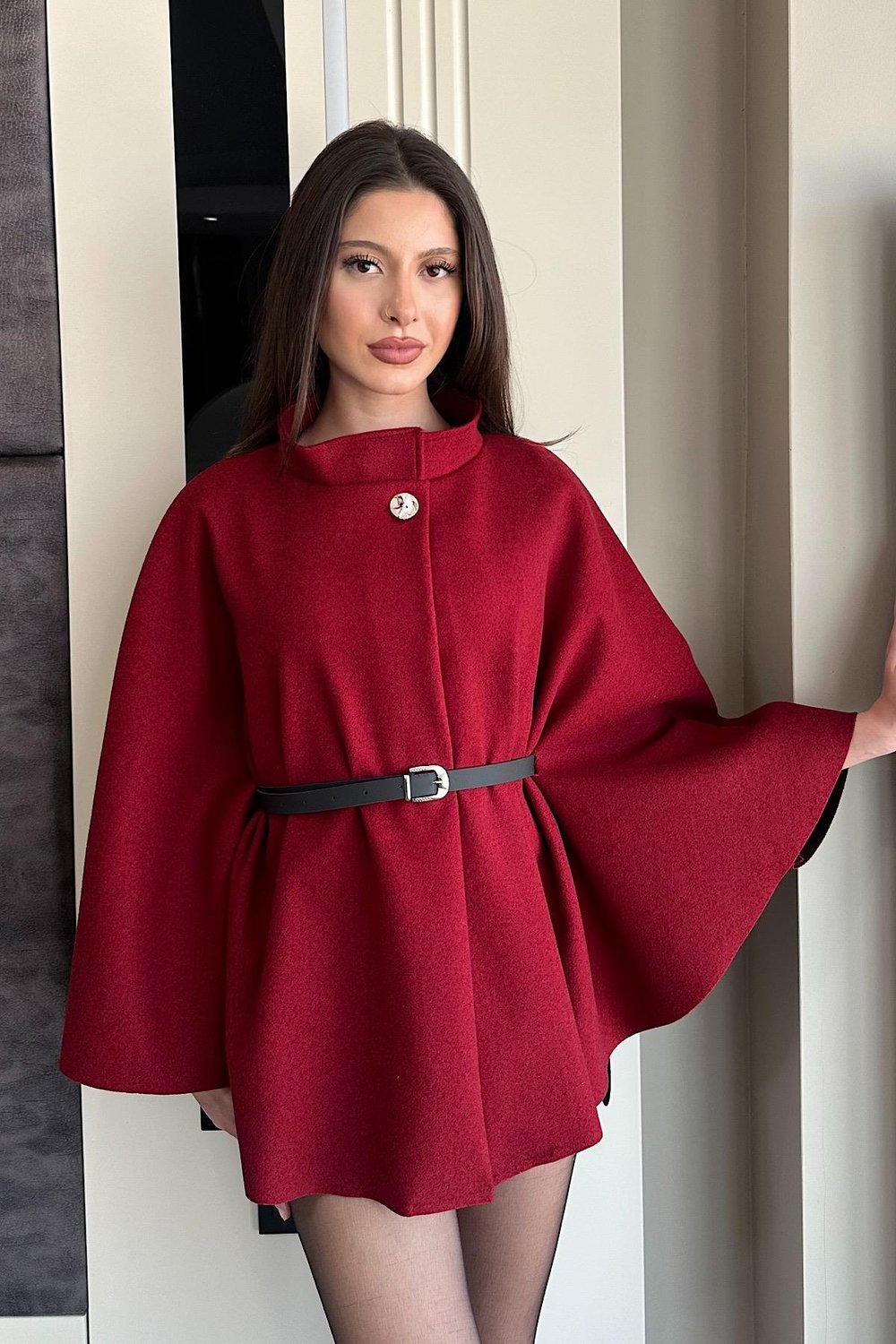 NERO KEMERLİ KAŞE PANÇO-Bordo