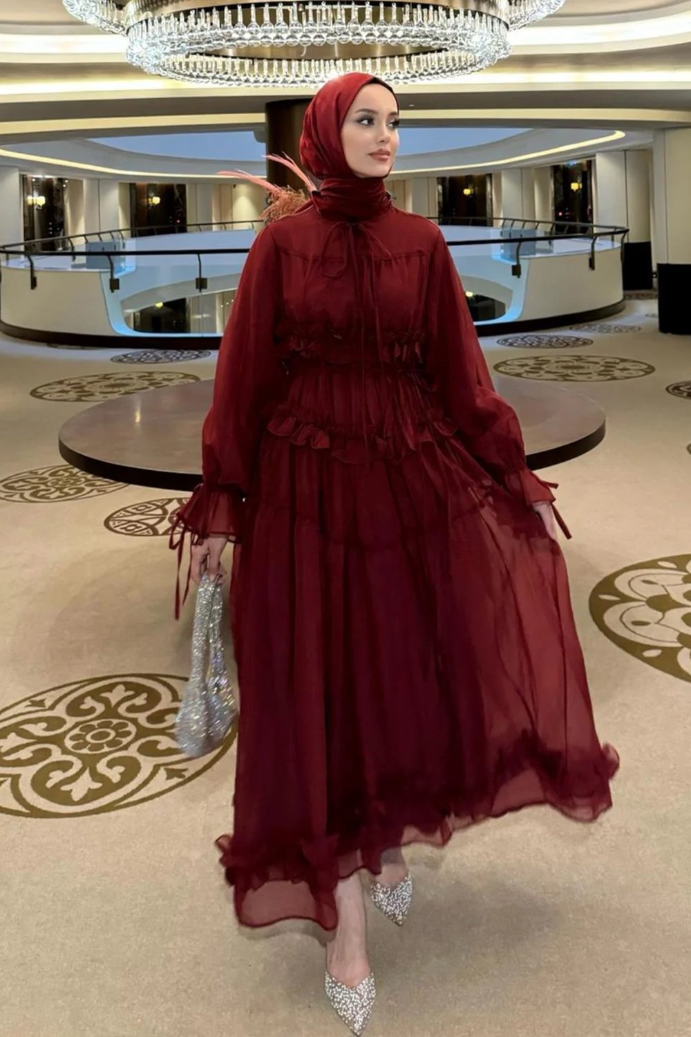 ELSA FIRFIR DETAYLI ŞİFON ABİYE ELBİSE BORDO