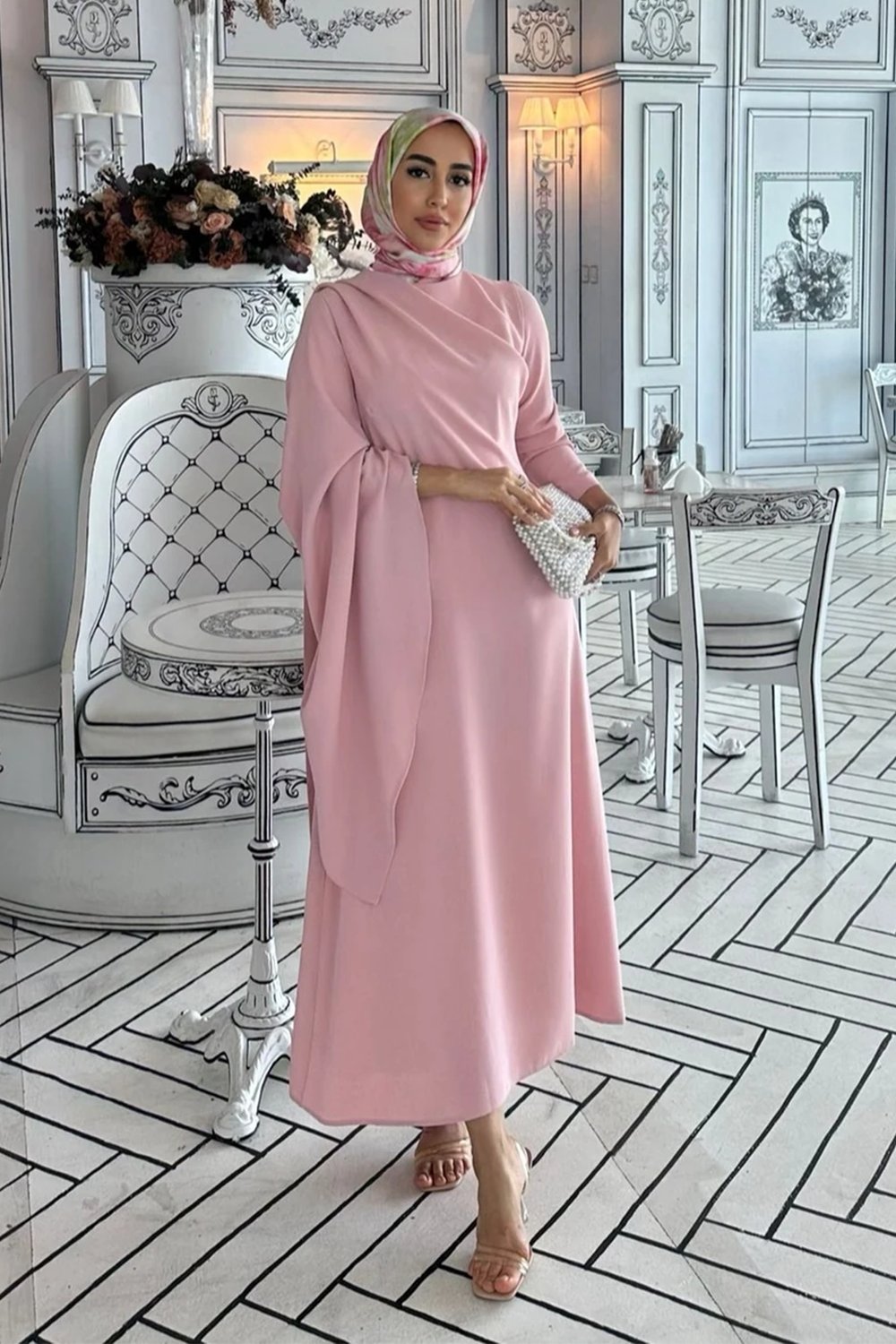 LOTUS ŞAL DETAYLI VOLAN KOL ELBİSE PEMBE