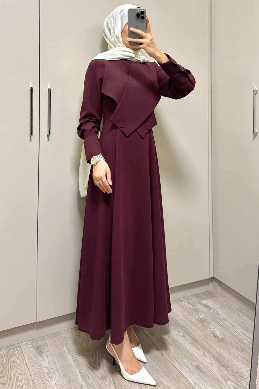 DÜĞME DETAYLI KREP ELBİSE MÜRDÜM