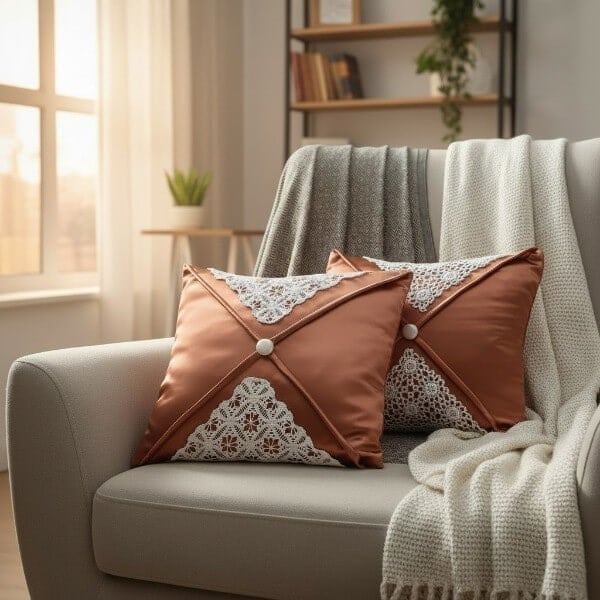 Saten Dantel Detaylı 2Li Takım Kırlent kılıfı 