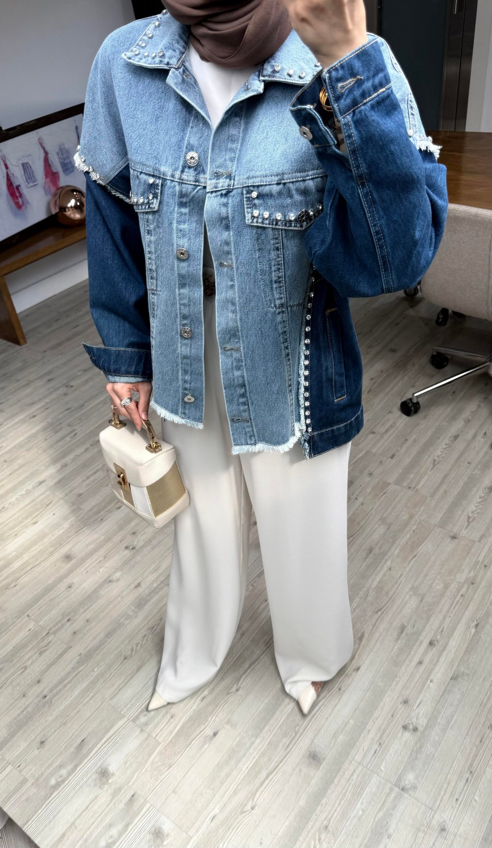 Çift Renkli Taşlı Tasarım Denim Ceket