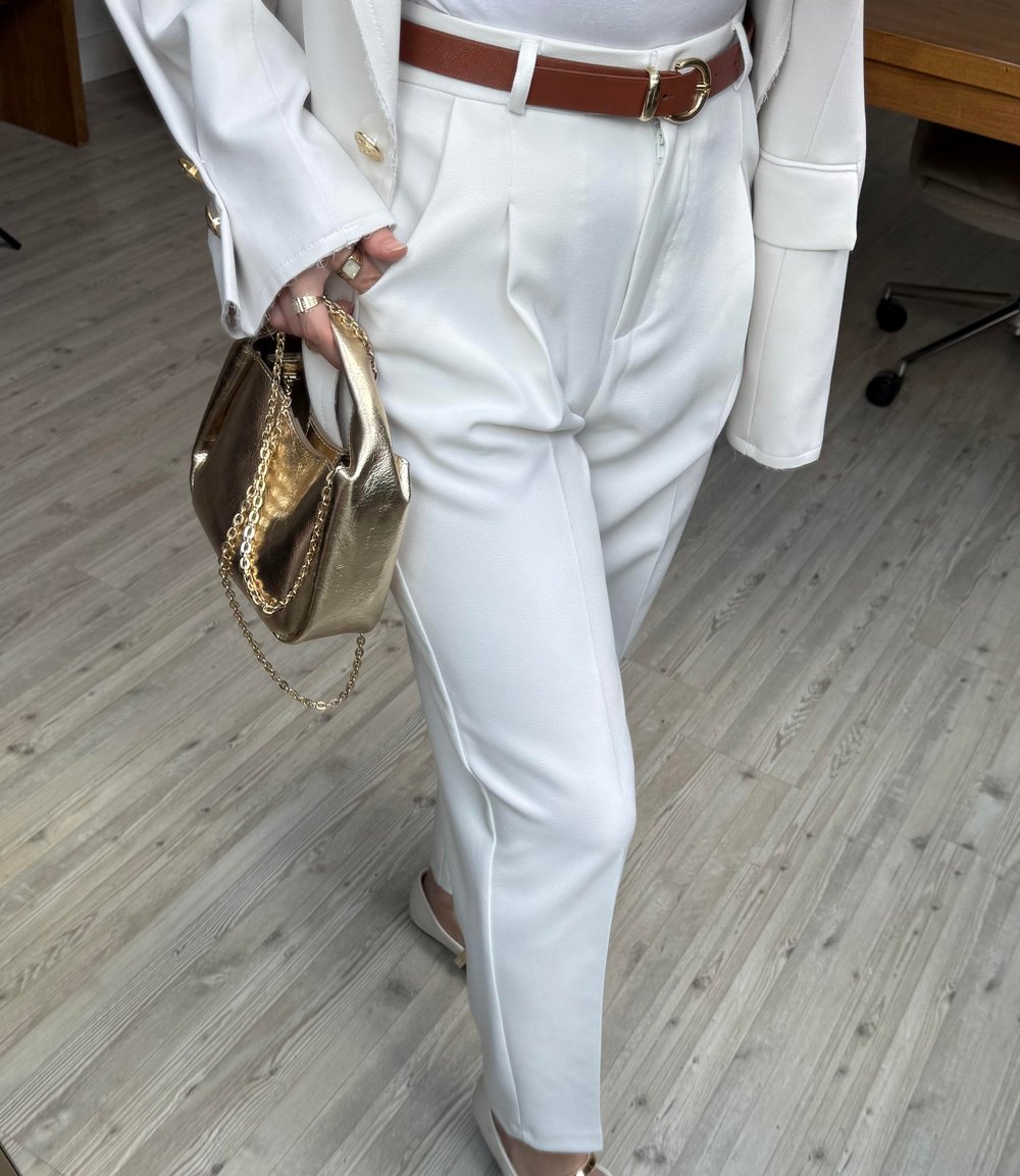Zara Kemerli Basic Pantolon-Beyaz