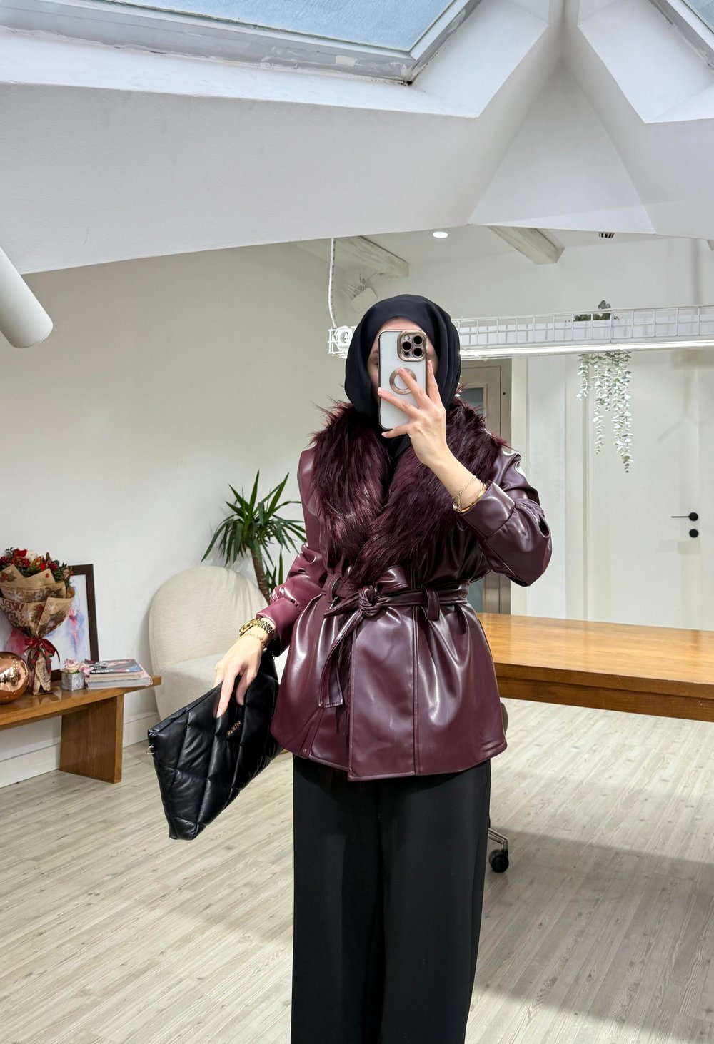 Kürk Yakalı Deri Kaban Bordo