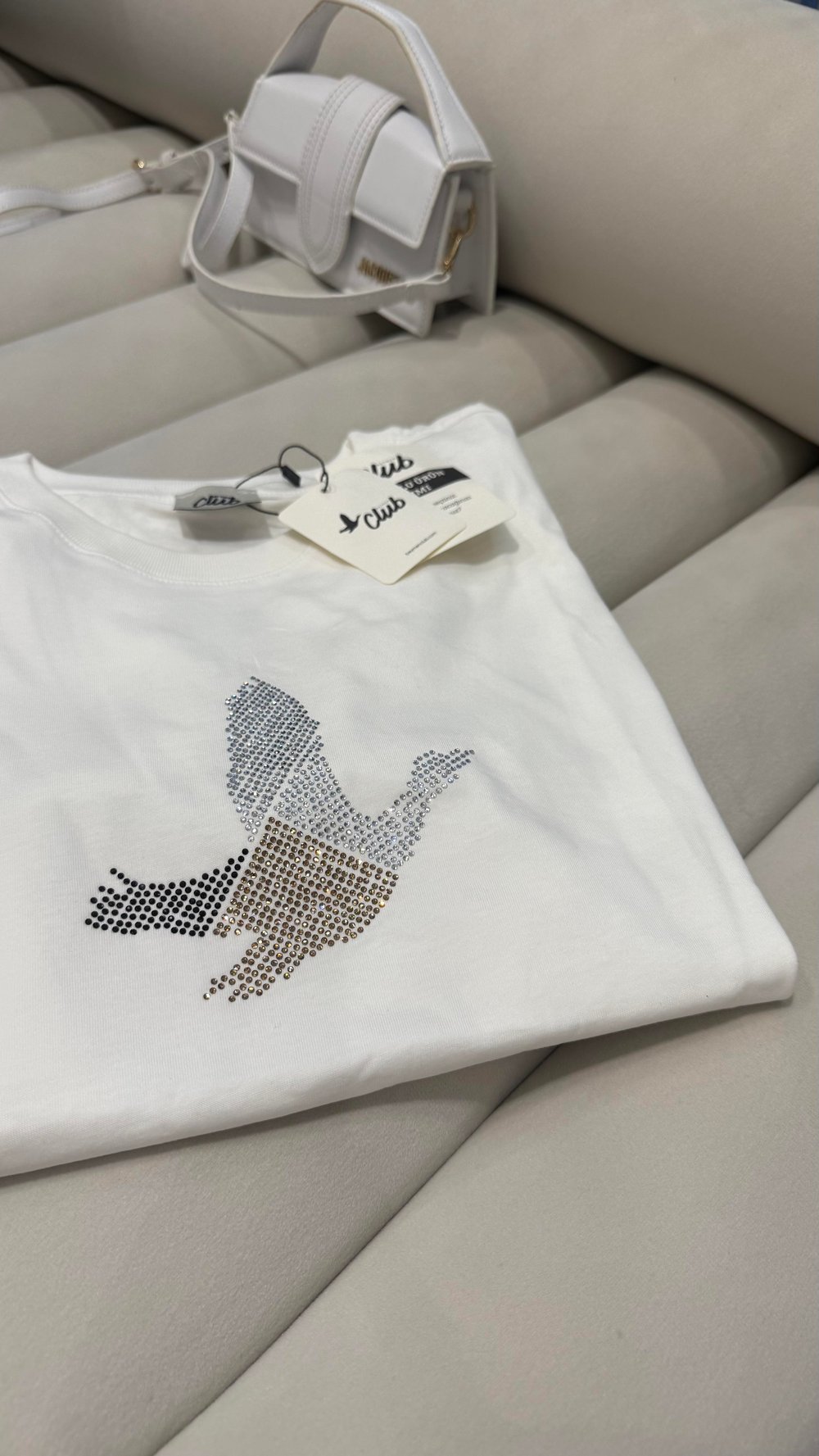 Orjinal Marka Beyaz Kuş İşlemeli Tshirt