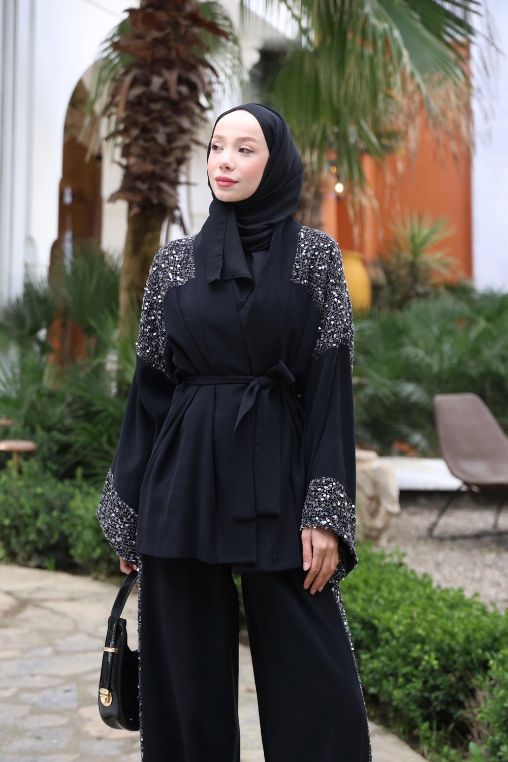 Pullu File Detaylı Tasarım Kimono Takım -Siyah 